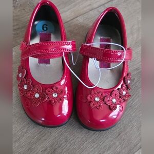 Rachel Shoes Glossy Red Mary Janes with Floral Accents